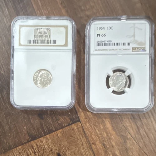 Roosevelt Silver Dimes 1957 MS66 NGC & 1954 PF66 NGC 10C Uncirculated Proof