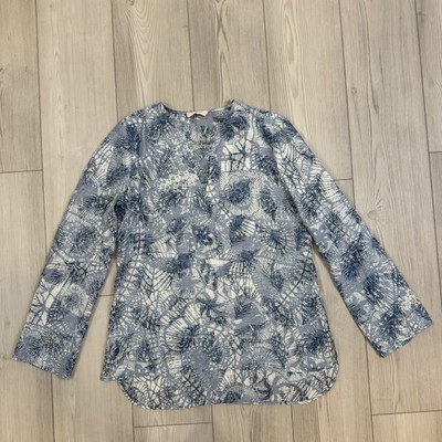 Tory Burch Women's Blue Tunic Sheer Long Sleeve Abstract High Low Blouse Small