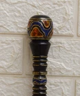 Handmade Ebony Wood Walking Cane: Lapis and Amber Inlay Round Handle Stick 37"