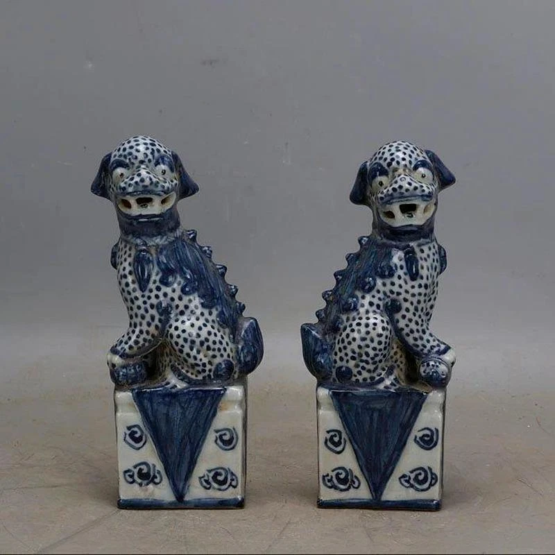 Par de estatua de león guardián perro foo fu cerámica porcelana azul blanco chino de 7" Foto 2 de 4