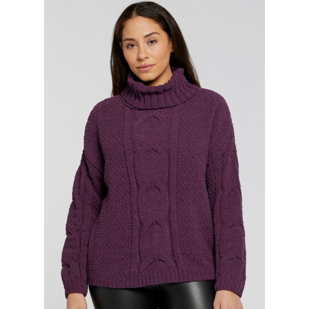 Soft Chenille SWEATER Purple Plum Chunky Cable Cowlneck Seven7