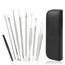 9Pcs Blackhead Remover Pimple Extractor Popper Acne Blemish Curved Tweezers Tool