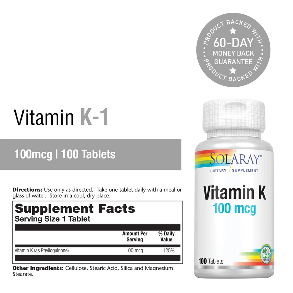 Solaray Vitamina K-1 100mcg | Estructura ósea saludable, coagulación sanguínea, proteína Foto 2 de 4