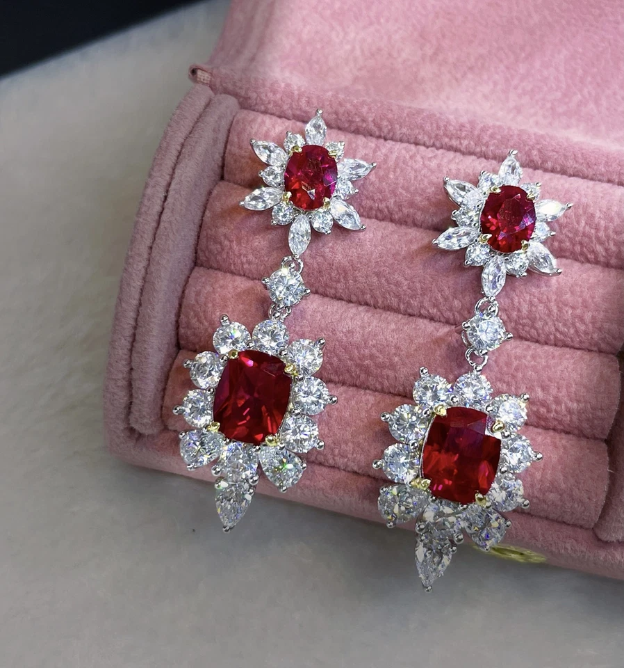 Pendientes colgantes de plata con gemas de topacio granate rojo joyería europea de lujo para mujer Foto 2 de 4