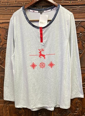 New iCollection Women Reindeer Graphic Pajama Top, Grey/Blue Heather, XL