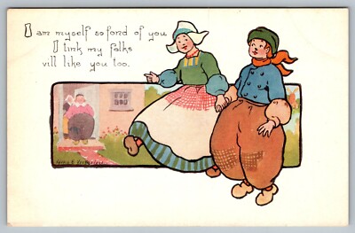 Postcard Van Derveen Dutch Children Holding Hands Exaggerated Pants Comic Love