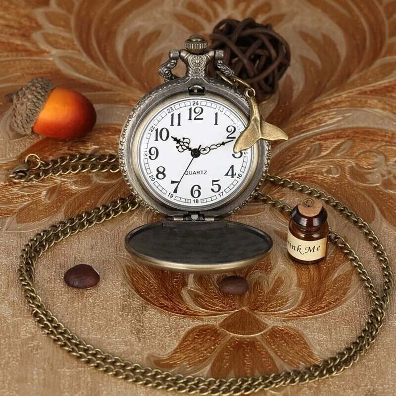 Antique 3D Fish Unisex Quartz Analog Pocket Watch Arabic Number 80CM Chain Gift - Image 2 of 4