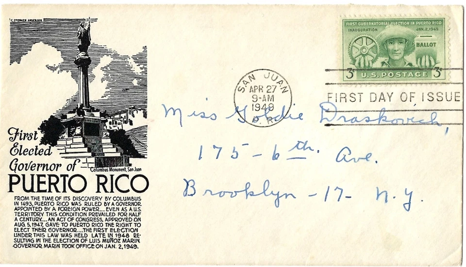 3 '48 FDCs 150 Mississippi Terr. SC#955, Disc. Gold SC#954, 1st Gov. Puerto Rico - Image 3 of 3