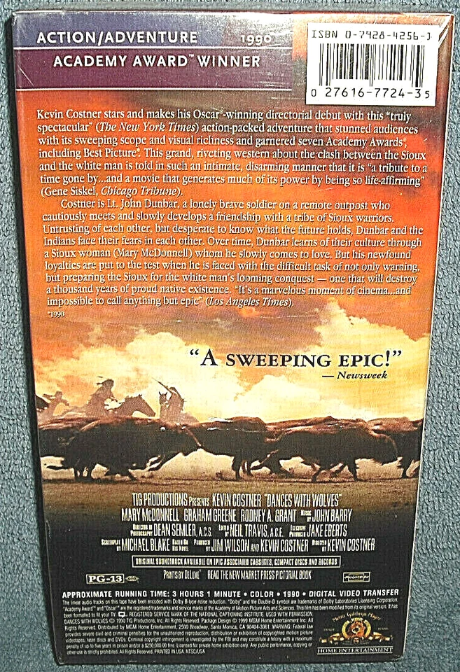 DANCES WITH WOLVES - VHS - 1999 - KEVIN COSTNER - BRAND NEW SEALED - Image 2 of 4