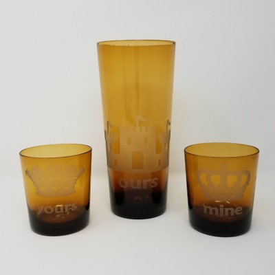 VTG Amber Glass Bar 3 Pc Set ~ Yours Mine Ours ~ Highball Old Fashioned Wedding 