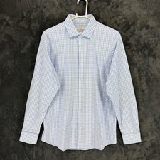 Mizzen Main Leeward Dress Shirt Mens Large Trim Fit Blue Gingham Stretch 20534