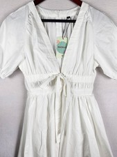 Maskazu Womens Medium M White Summer Dress Zipper Short Sleeve V-Neck Casual NWT