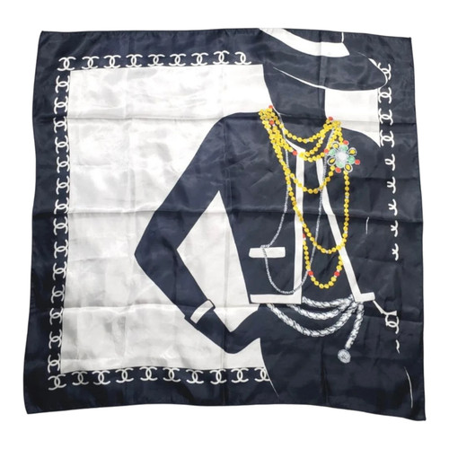 Vintage CHANEL Silk Scarf Mademoiselle Design Black & White Used - Picture 1 of 8