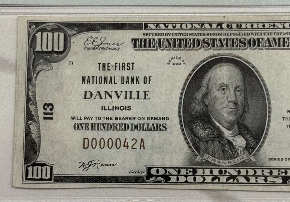 1929 $100 Danville, Illinois PMG VF 35, CH# 113, The First NB! LOW Serial # - Image 2 of 4