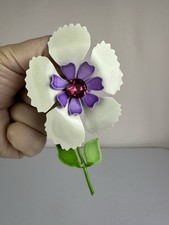 Large 4.5  White Purple Enamel Metal Flower Brooch Pink Rhinestone Pin
