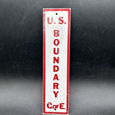 Vintage Sign White And Red Metal US Boundary Marker Cofe 3x12'' Used
