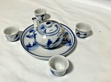 Vintage Childs Doll Tea Set Blue Flow Ceramic 7 Pcs