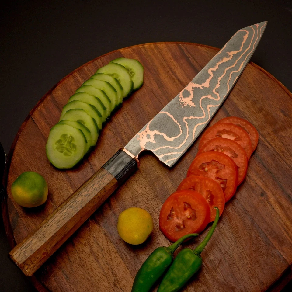 Cuchillo de chef Damasco de cobre forjado a mano, cuchillo de cocina Cu Mai Full Tang Foto 3 de 4