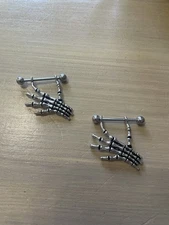 PAIR of Skeleton Bone Hand Nipple Shields Barbell Rings Body Piercing Jewelry