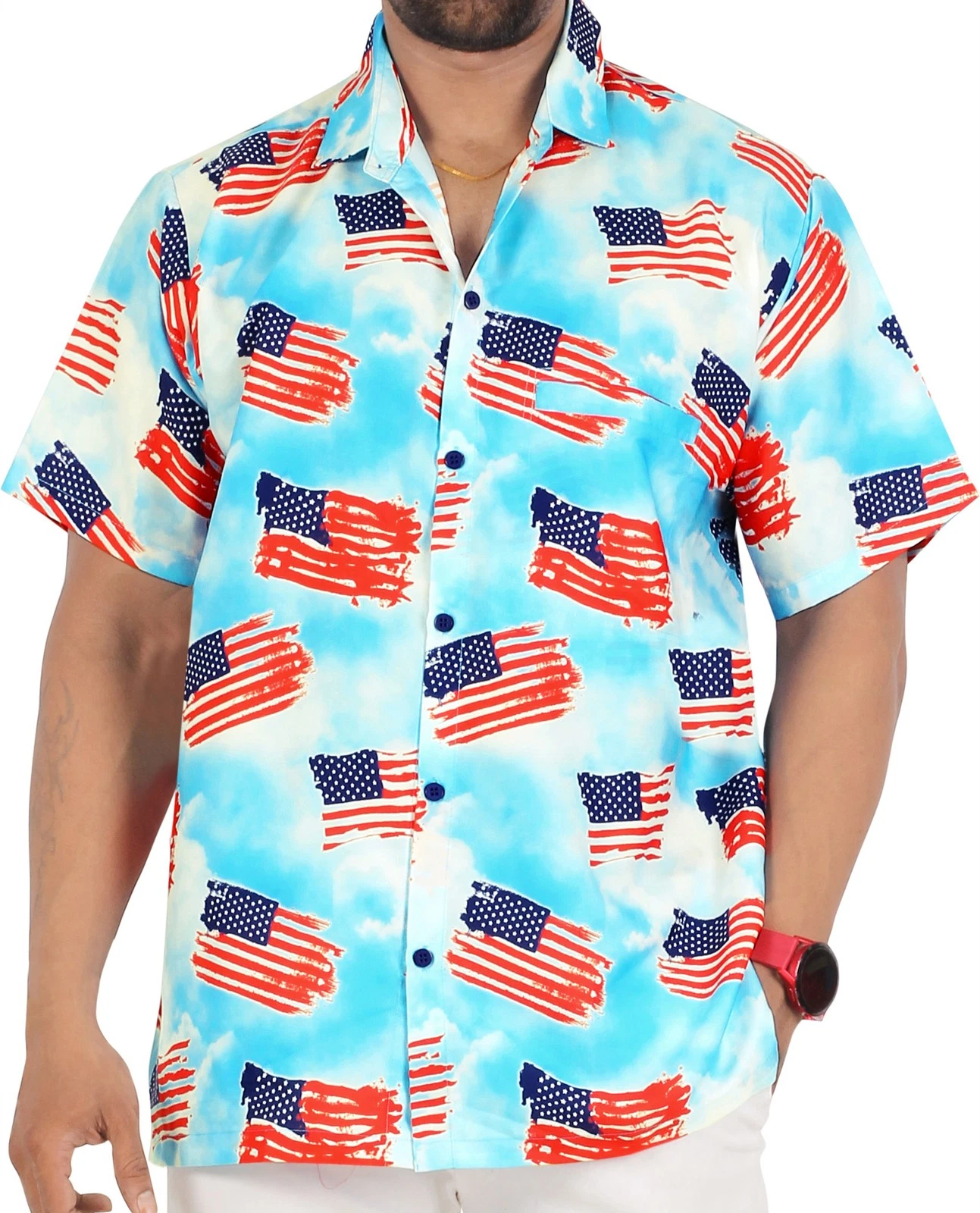 LA LEELA Men's Hawaiian Short Sleeve Button Down Shirts XL US Flag, Blue