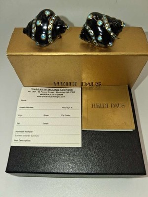 Heidi Daus Signed Seashell Clip Earrings Black Enamel Aqua Crystal NIB