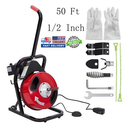 50'x1/2'' Electric Drain Cleaner Machine Drain Auger Auto Feed W/ Auger Bits Kits