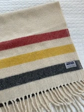 VTG Amana Woolen Mills Lap Blanket, Red, Yellow, Blue Stripe; 38" x 33"