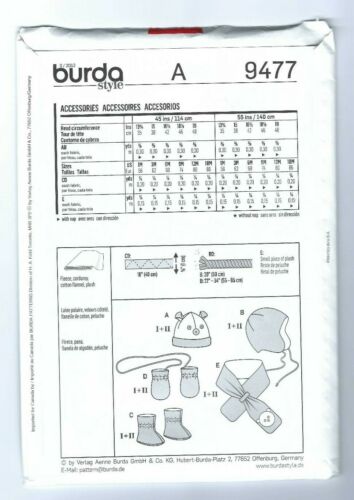 New Burda 9477 Infant Hats Scarfs Booties & Mittens Pattern 1 3 6 9 12 18 Months - Picture 2 of 2