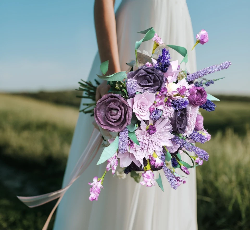 4 piezas ramo de novia púrpura lavanda 1 y 1 dama de honor madera Sola flor silvestre boda Foto 2 de 4