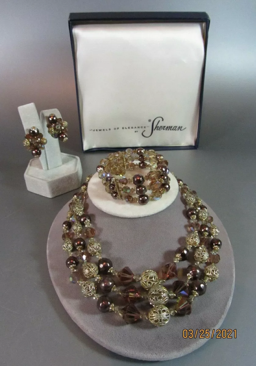 VTG Sherman Set Crystal Rhinestone Gold Beaded Necklace Cuff