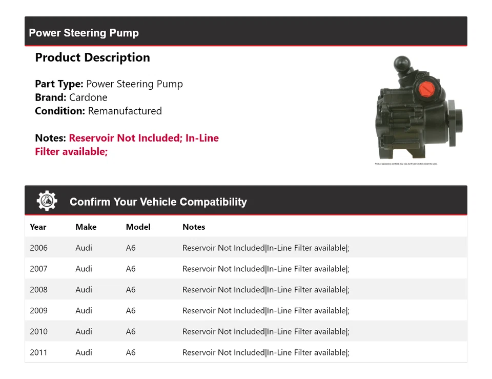 Bomba de direção hidráulica Cardone 2007 2008 2009 2010 para 2006-2011 Audi A6 - Imagem 2 de 4