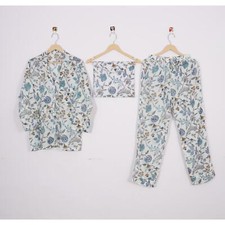 Indian Cotton Pajama Set Hand Block Flower Print Women Pant Shirt Dress ITW-70