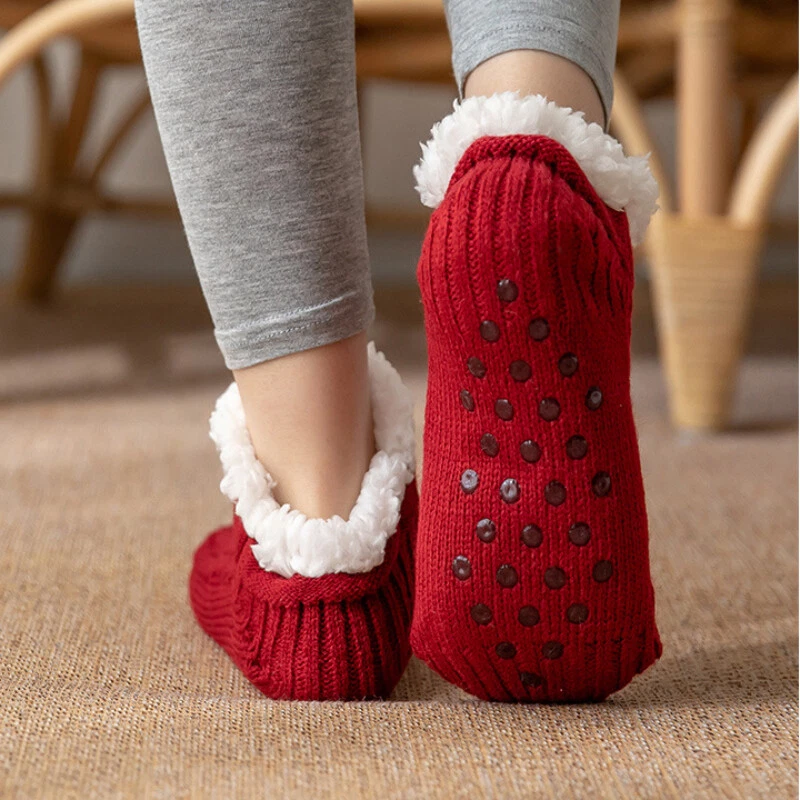 1 Pair Lady Winter Warm Knit Sherpa Lined Slipper Socks Thick Plush Non-slip