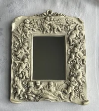 VTG Baroque Rococo High Relief Cherubs  Framed Wall Mirror Hand Crafted Beige