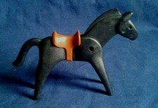 Vintage 1974 Geobra Playmobil Black Horse with Brown Saddle Animal Toy Figure