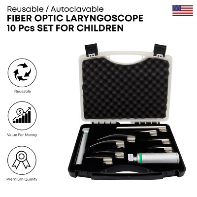 Fiber Optic Pediatric Laryngoscope Set for Children Intubation EMT Kit - 10 Pcs 