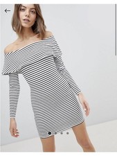 Off-Shoulder Black & White Striped Bodycon Dress Size 4 NWOT