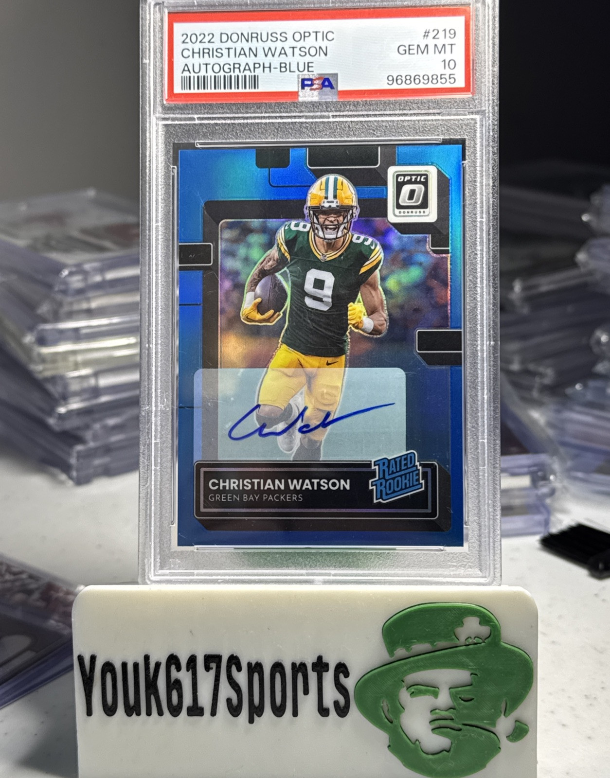 2022 Panini Donruss Optic Christian Watson Blue Rated Rookie Auto #’d/99 PSA 10
