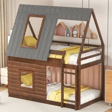 Wood Twin Size House Bunk Bed w/Roof，Ladder and 2 Windows，Oak & Smoky Grey