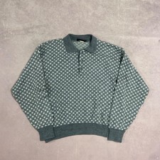 Vintage Knitted Jumper Abstract Patterned 1/4 Button Grandad Knit Sweater, Made