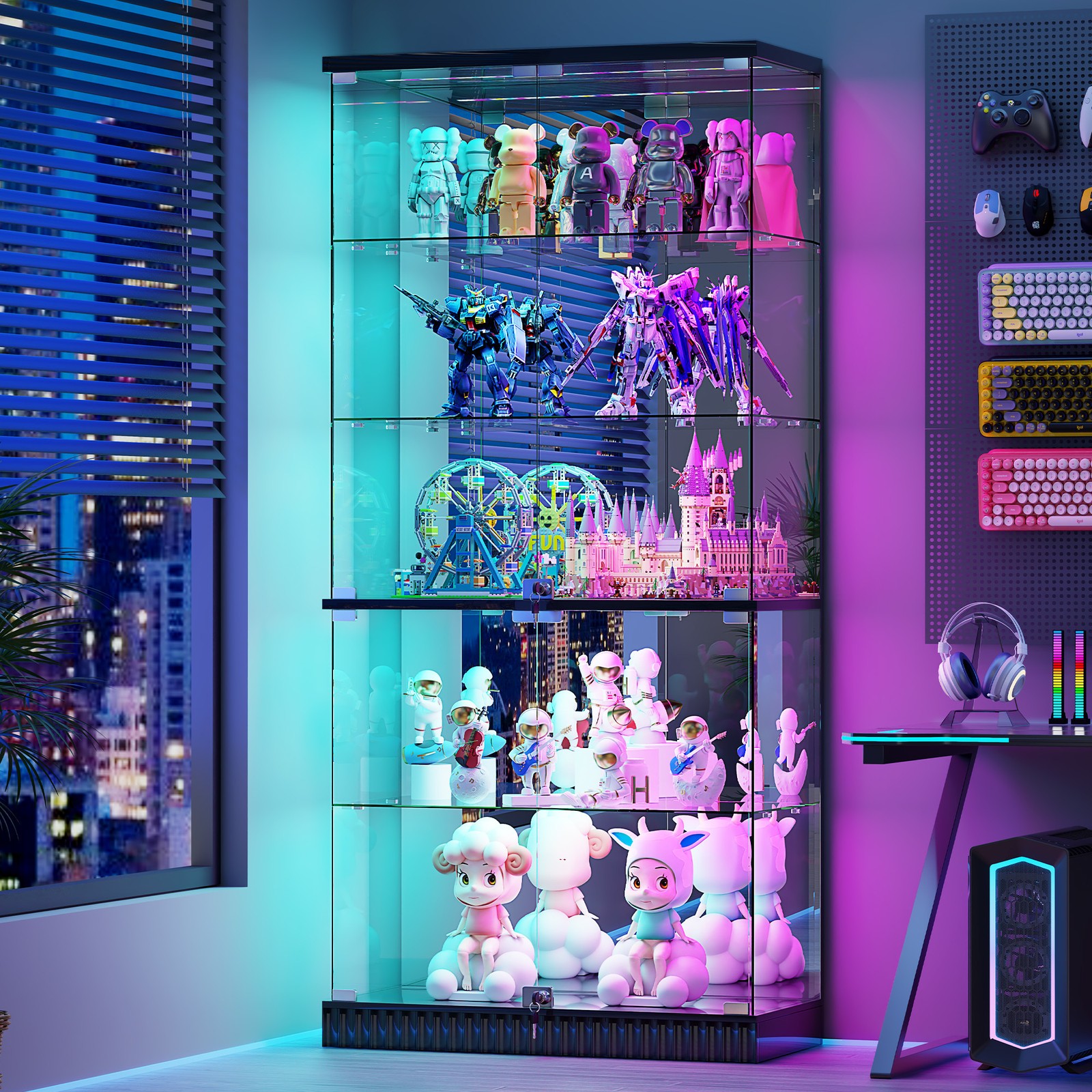 67" Tall Glass Display Cabinet, 5-Tier Curio Cabinets with Locks & RGB Lights
