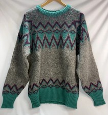 VTG Hilda LTD Pure Wool Fair Isle Icelandic Sweater Men Teal Grey Purple Large
