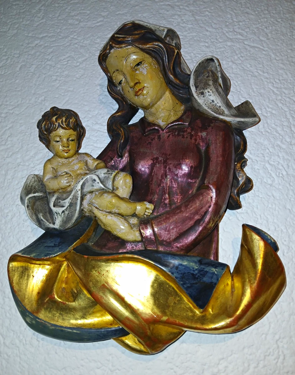 Madonna mit Kind Wandfigur Skulptur mehrfarbig Gold Rot Blau Beige Braun