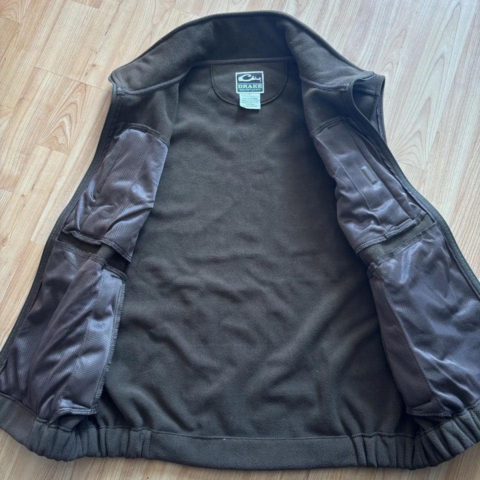 DRAKE Waterfowl Dark Brown Fleece Full Zip Windproof Hunting Vest Layering Sz L! - Image 4 of 4