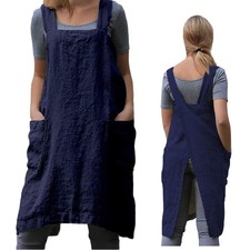 Pinafore Cross Back Apron Women Pockets Japanese Smock Gardening Cooking