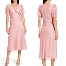 NSR Puff Sleeve Lace Midi Dress, Size Medium, 6/8, Pink, NWT