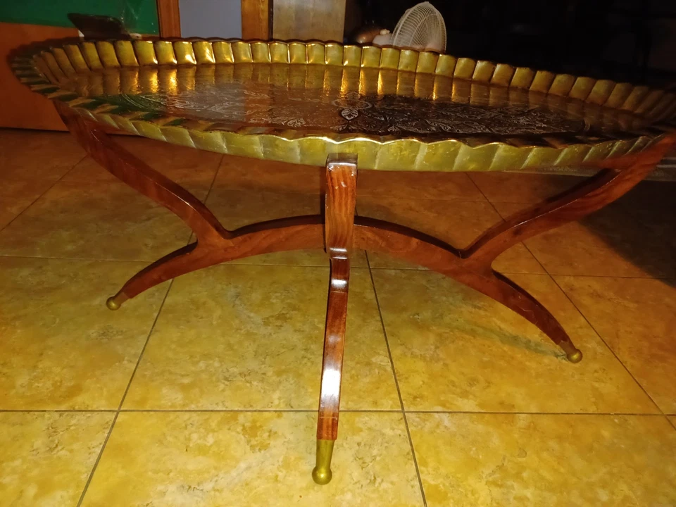 Mid Century Oval Brass Tea Tray Table Moroccan Coffee Table With Spider legs - Image 3 of 4