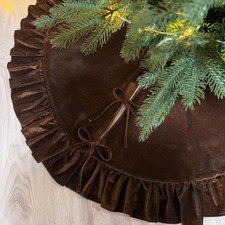 48 Inches Ruffled Velvet Christmas Tree Skirt Chocolate Brown with Bow, Large