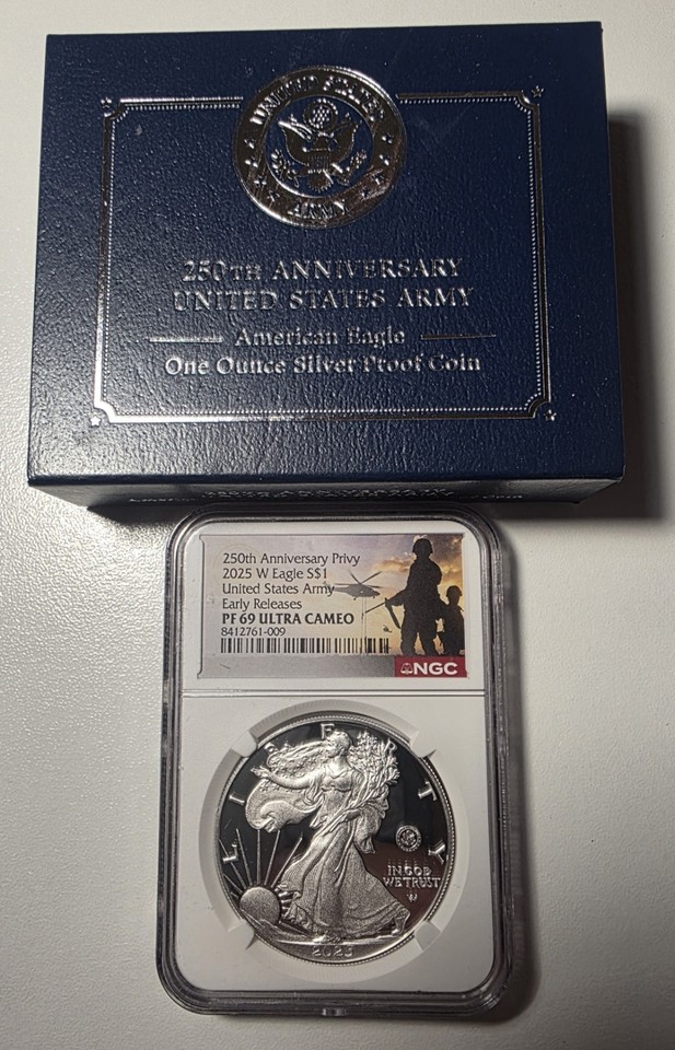 2025 W Silver Eagle Army 250th anniversary privy NGC PF69 with COA and ...
