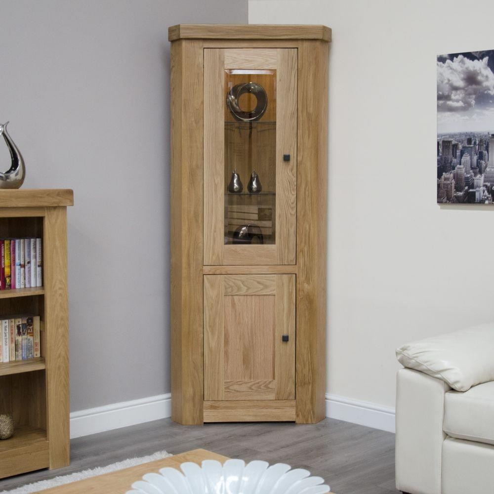 Solid Oak Corner Display Cabinet, Bordeaux Oak Living Room Furniture New